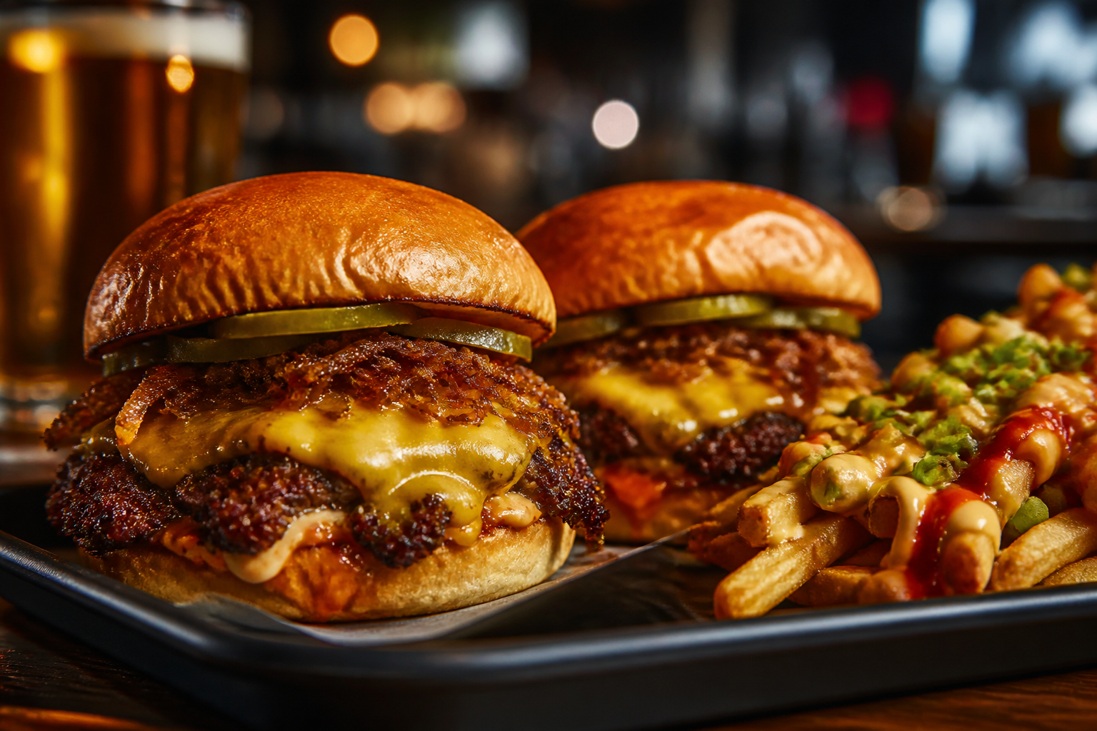 Burgers and loaded fries on a restaurant table